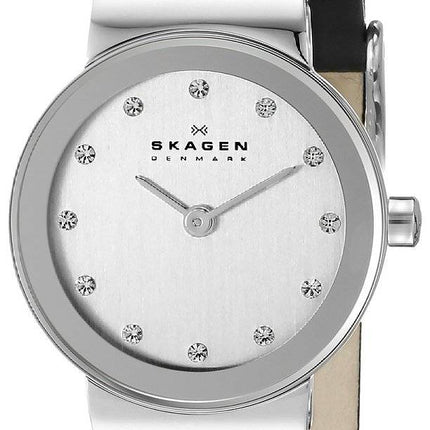 Skagen Freja Chrome Dial Swarovski Crystal Black Leather Strap 358XSSLBC Womens Watch