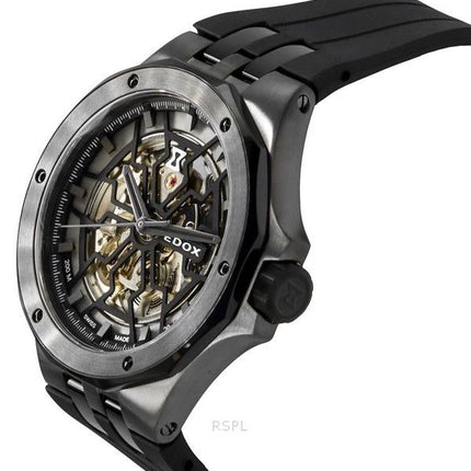 Edox Delfin The Original Mecano Rubber Strap Skeleton Black Dial Automatic Diver's 85303 357GN NGN 200M Men's Watch