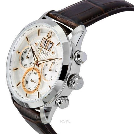 Bulova Sutton Big Date Chronograph Brown Leather Strap Silver Dial Quartz 96B309 Men's Watch
