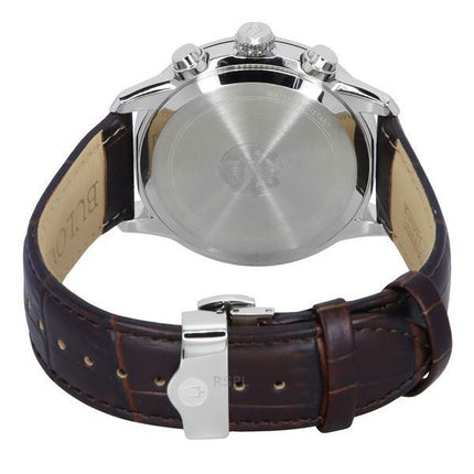 Bulova Sutton Big Date Chronograph Brown Leather Strap Silver Dial Quartz 96B309 Men's Watch