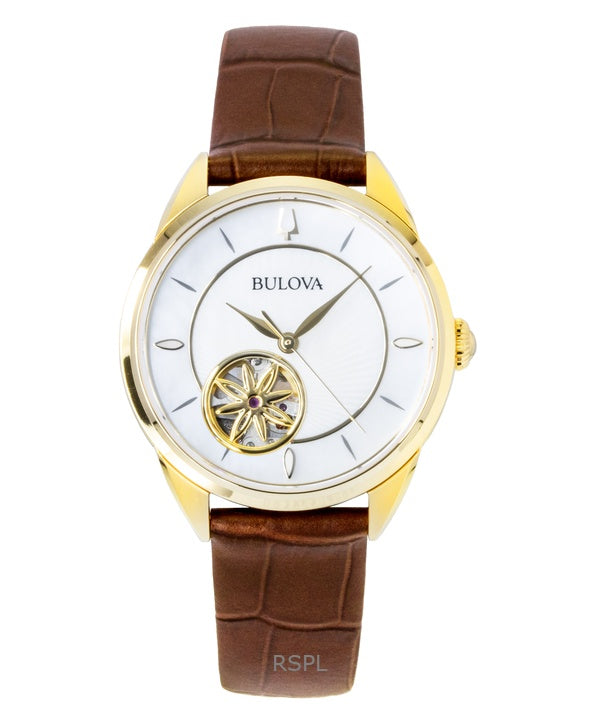 Bulova Sutton Leather Strap Open Heart Mother Of Pearl Dial Automatic 97L179 Women's Watch