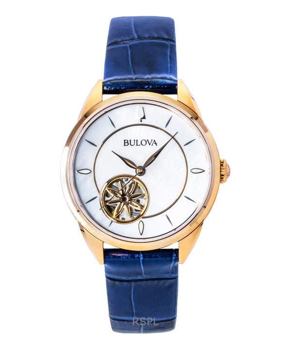 Bulova Sutton Leather Strap Open Heart Mother Of Pearl Dial Automatic 97L180 Women's Watch