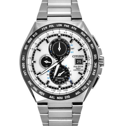 Citizen Eco-Drive Radio Controlled GMT Chronograph Super Titanium Silver Dial AT8238-84A 100M Men's Watch