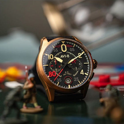 AVI-8 Spitfire Lock Chronograph D-Day 80 Limited Edition Sword Leather Strap Black Dial Quartz AV-4089-0A Men's Watch