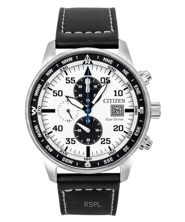 Citizen Eco-Drive Aviator Chronograph Leather Strap White Dial CA0880-07A 100M Men's Watch