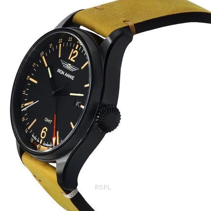 Iron Annie Flight Control Dual Time Leather Strap Black Dial Quartz 51482 Men's Watch