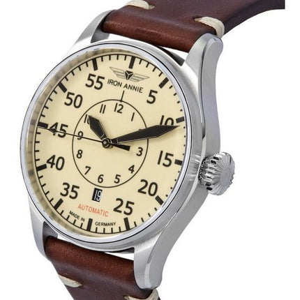 Iron Annie Flight Control Cockpit Leather Strap Beige Dial Automatic 51565 Men's Watch