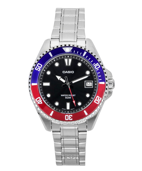 Casio Standard Analog Pepsi Bezel Stainless Steel Black Dial Quartz MDV-10D-1A3 Mens Watch