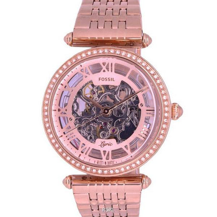 Fossil Lyric Crystal Accents Rose Gold Stainless Steel Skeleton Dial Automatic ME3198 Womens Watch