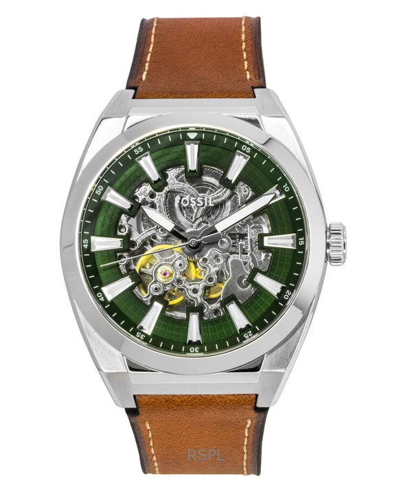 Fossil Everett Brown Leather Strap Green Skeleton Dial Automatic ME3261 Men's Watch