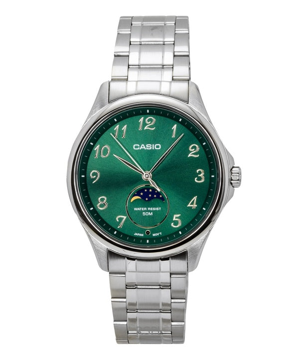 Casio Standard Analog Moon Phase Stainless Steel Green Dial Quartz MTP-M110D-3AV Men's Watch