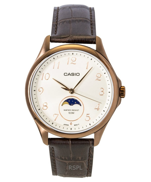Casio Standard Analog Moon Phase Leather Strap Ivory Dial Quartz MTP-M110RL-5AV Men's Watch