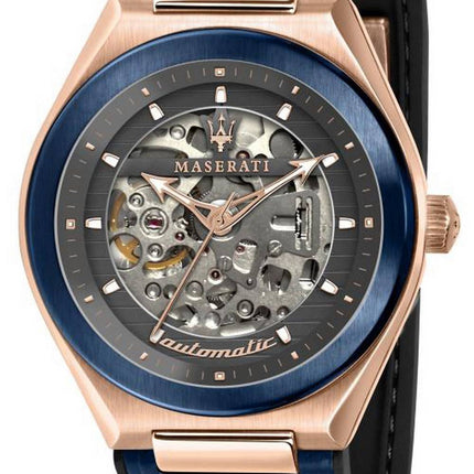 Maserati Triconic Skeleton Grey Dial Leather Strap Automatic R8821139002 100M Mens Watch
