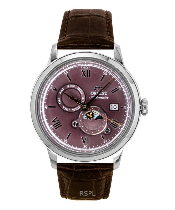 Orient Classic Sun and Moon Leather Strap Bordeaux Dial Automatic RA-AK0807R Men's Watch