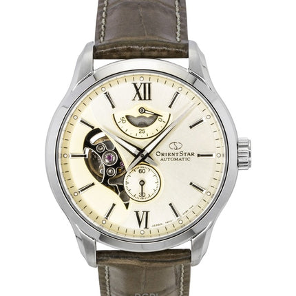 Orient Star Contemporary Leather Strap Open Heart Champagne Dial Automatic RE-AV0B10G 100M Men's Watch
