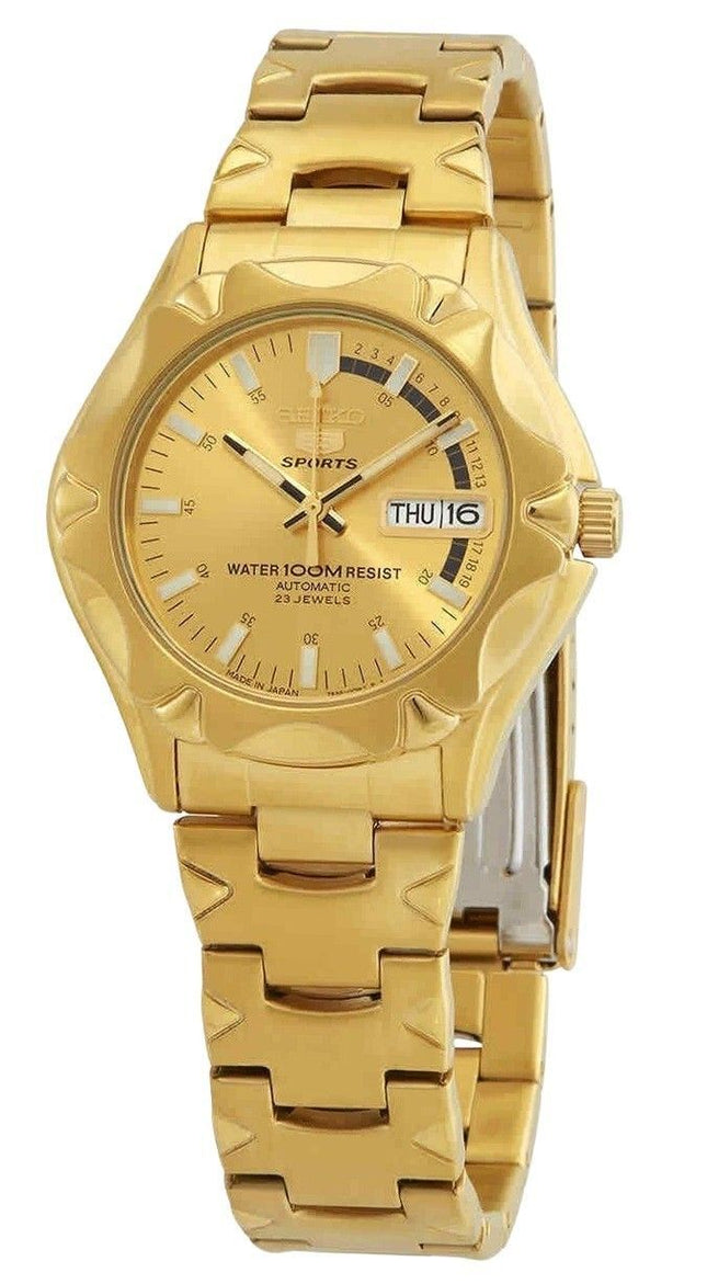 Refurbished Seiko 5 Sports Gold Tone Stainless Steel Gold Dial Automatic SNZ450J1 100M Men's Watch