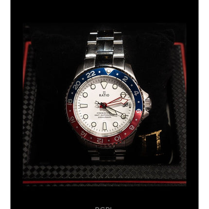 Ratio FreeDiver GMT Series Sapphire Stainless Steel White Dial Blue Red Pepsi Bezel Automatic RTF061 200M Men's Watch