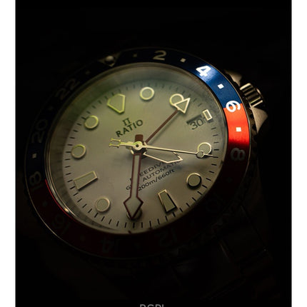 Ratio FreeDiver GMT Series Sapphire Stainless Steel White Dial Blue Red Pepsi Bezel Automatic RTF061 200M Men's Watch