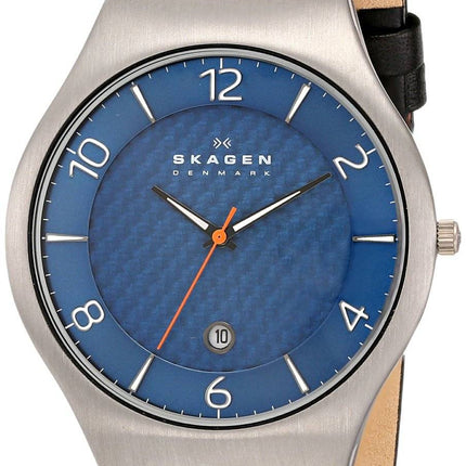 Skagen Grenen Blue Dial Perforated Black Leather SKW6148 Mens Watch