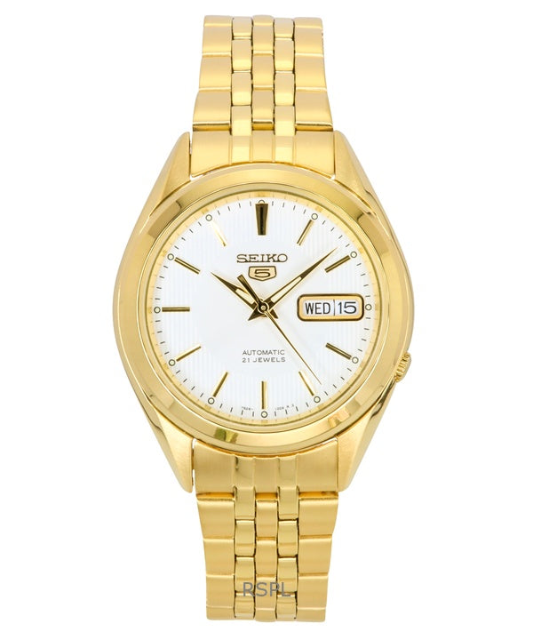 Seiko 5 Gold Tone Stainless Steel White Dial 21 Jewels Automatic SNKL26K1 Mens Watch