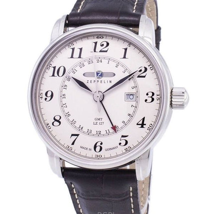 Refurbished Zeppelin LZ127 Graf GMT Leather Strap Ivory Dial Germany Made Quartz 76425 Men's Watch
