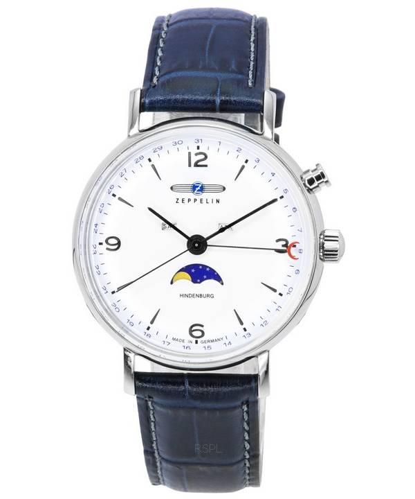 Refurbished Zeppelin LZ 129 Hindenburg Leather Strap Moon Phase White Dial Quartz 80761 Men's Watch