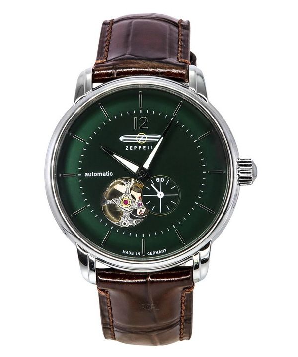 Zeppelin LZ 120 Bodensee Leather Strap Open Heart Green Dial Automatic 81664 Men's Watch
