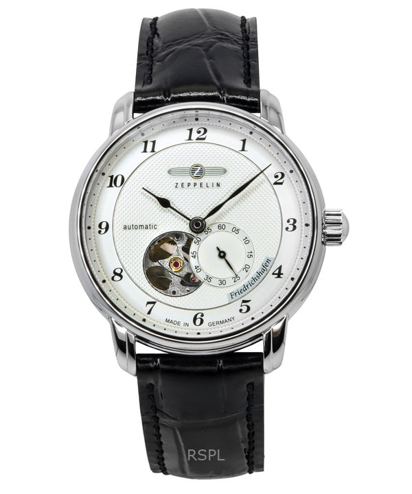 Zeppelin Friedrichshafen Leather Strap Silver Open Heart Dial Automatic 85664 Men's Watch
