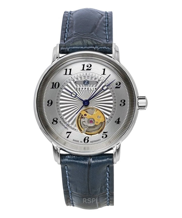 Zeppelin Friedrichshafen Leather Strap Open Heart Silver Dial Automatic 85671 Men's Watch