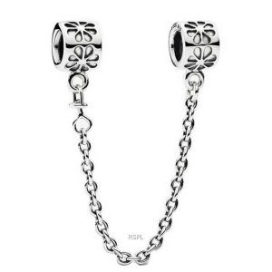 PANDORA 790385-07 Silver Flower Charm With Safety Chain