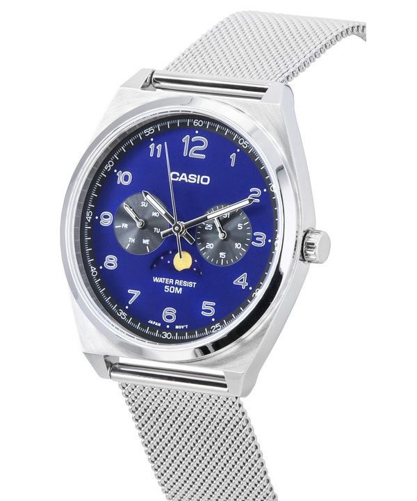Casio Standard Analog Stainless Steel Mesh Bracelet Moon Phase Blue Dial Quartz MTP-M300M-2A MTPM300M-2 Mens Watch